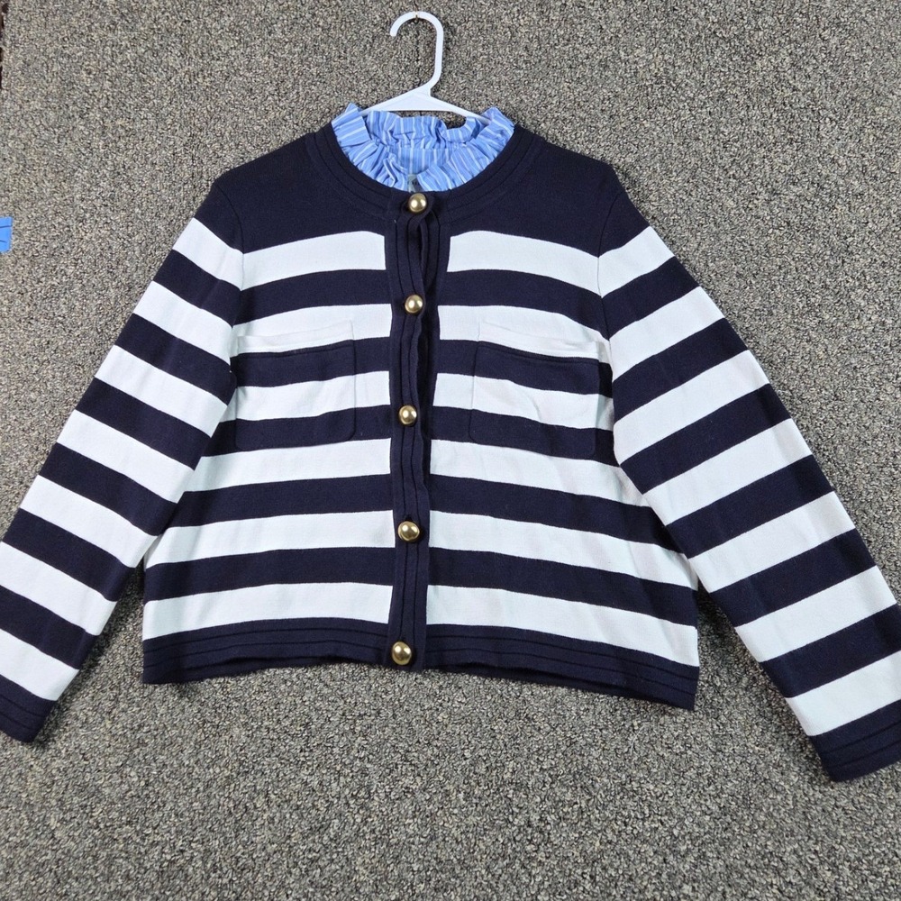 Free Assembly Sweater Shirt Womens XL Navy White Ruffle Metal Buttons